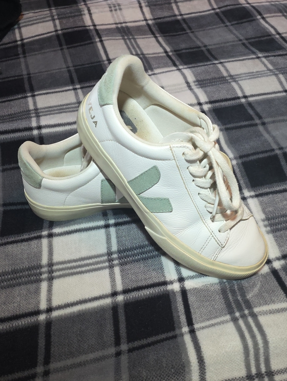 Veja White Leather Sneakers with Mint Green Accents - Women’s